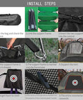 Installation steps of Black Backyard Golf Practice Net with Target Cloth and Carry Bag, showing support frame and net setup.