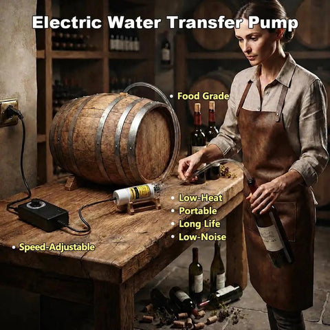 Compact Electric Water Transfer Pump Comes With 110V Cord And Slick Food Grade Tubing For No Sweat Liquid Moving Adjustable Speed Controls Delivers Up To 2 Liters Per Minute in rustic setting.