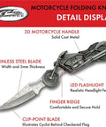 Motorcycle Style Folding Knife With 4.75 Inch Etched Stainless Blade Cast Metal Bike Handle Built In LED Light details