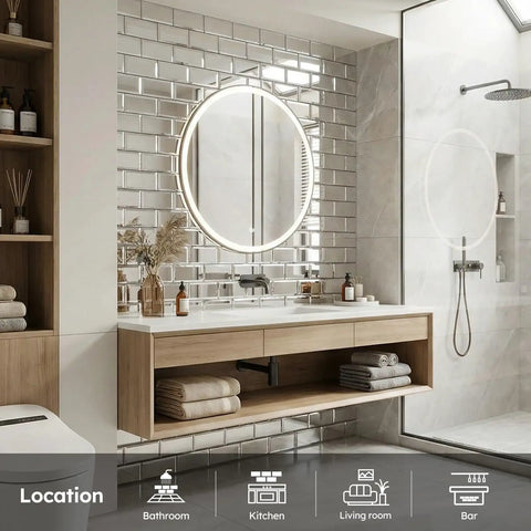 Bathroom with Beveled Silver Mirror Subway Backsplash Tiles for Kitchen and Bathroom, 3x6 Inch, Clear Mirror, modern decor.