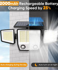 Outdoor Solar Lights Motion Sensor Flood Light with 416 LEDs showing dual charging and illumination modes on stone wall.