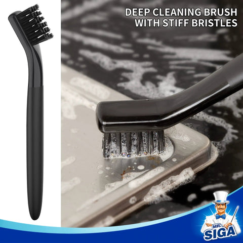 Deep cleaning brush with stiff bristles from Grout Cleaning Brush Set With V Shape Edge Brush Deep Cleaning Brush Detail Brush With Silicone Scraper Mini Dustpan And Scraper Four Slot Storage Box For Tile Sink Drain Crevice Cleaning on soapy tile surface.