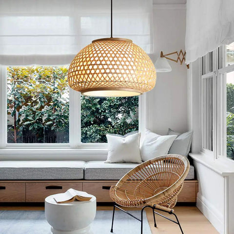 Handmade Flush Mount Ceiling Light With Retro Bamboo Dome Shade illuminating a cozy dining space with natural light and warm ambience.