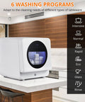 Hella Compact Countertop Dishwasher With Built In Five Liter Tank Six Custom Wash Cycles in a modern kitchen with touch panel.