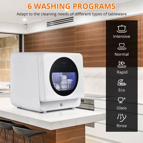 Hella Compact Countertop Dishwasher With Built In Five Liter Tank Six Custom Wash Cycles in a modern kitchen with touch panel.
