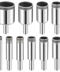 Diamond drill bits set, 10 pcs, diamond-coated cutting edges on silver metal shanks (front view)