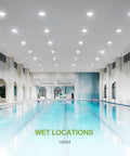 6 Inch Led Downlight Recessed Ceiling Light 8 Pack With Emergency Battery Backup illuminating a swimming pool area.