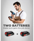 Man assembling Heavy Hitter 20V Brushless Impact Drill with two included batteries, showcasing keyless metal chuck.