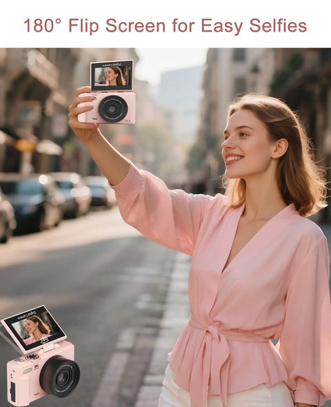 Woman using 5K 75MP Autofocus Vlogging Camera with WiFi and 64GB card, 180 degree flip screen for YouTube travel kit, pink color