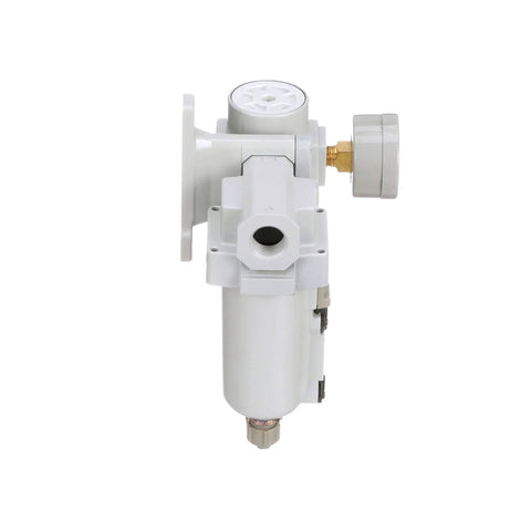 Side view of Air Filter Regulator Combo Three Quarter Inch NPT With T Handle Manual Drain Heavy Duty Metal Bowl Ten Micron Element Zero To One Hundred Fifty Psi Gauge And Mounting Bracket