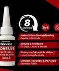 Instant Bonding Adhesive Repair Kit 4 Piece Set With Two Glue Bottles And Plastic Metal Reinforcing Powders. Bottle with features text.