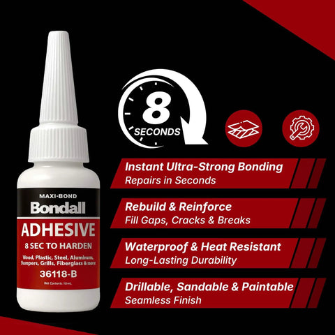 Instant Bonding Adhesive Repair Kit 4 Piece Set With Two Glue Bottles And Plastic Metal Reinforcing Powders. Bottle with features text.