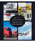 Image showcasing diverse industrial machinery, including printing machines, packaging equipment, trucks, and an airplane.