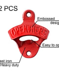 Red Cast Iron Wall Mounted Bottle Cap Opener Set With Open Here Embossed design, easy to open, heavy duty, 2 pcs.