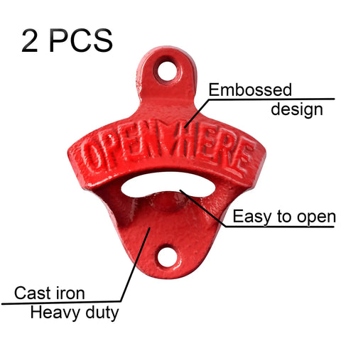 Red Cast Iron Wall Mounted Bottle Cap Opener Set With Open Here Embossed design, easy to open, heavy duty, 2 pcs.