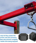 Black hex nut covers for M10 bolts displayed beside a playground structure, showcasing durability and rust protection.