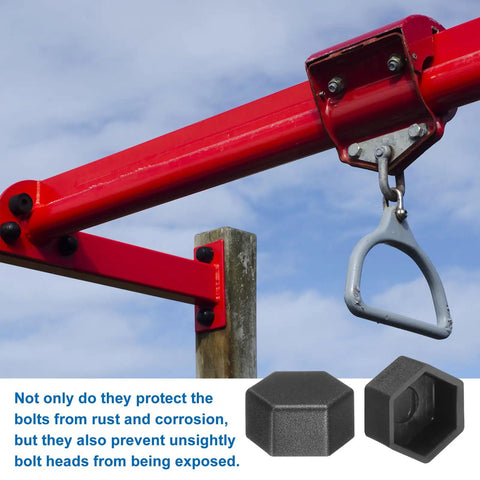 Black hex nut covers for M10 bolts displayed beside a playground structure, showcasing durability and rust protection.