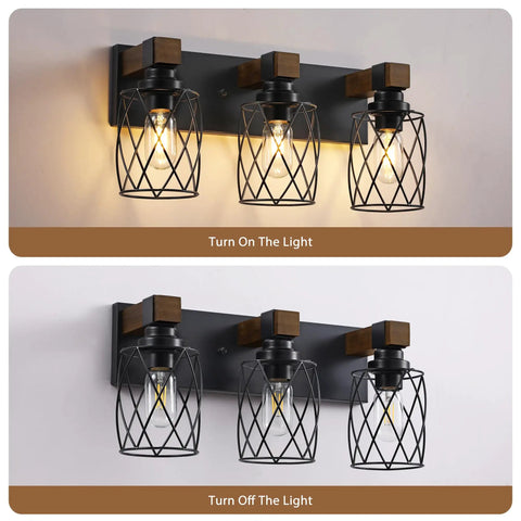 Farmhouse Vanity Light Three Light Wood Over Mirror Fixtures Black Industrial Metal Shade Rustic Bathroom Lighting for Decor