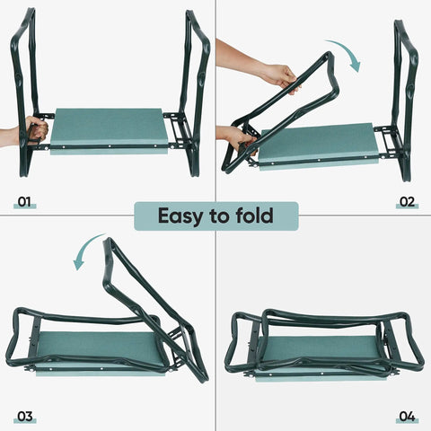 Step-by-step folding of Folding Garden Kneeler Seat With Thick Foam Kneeling Pad Portable Garden Bench Stool Tools Pouch Steel Construction Heavy Duty Supports 250 Lbs Compact Lightweight Grab And Go For Weeding And Planting