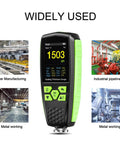Digital Paint Thickness Gauge for Magnetic and Non Magnetic Substrates with Voice Readout and Color HD Display Pro Grade Car Coating Thickness Meter in black and green, used for car manufacturing and metalworking