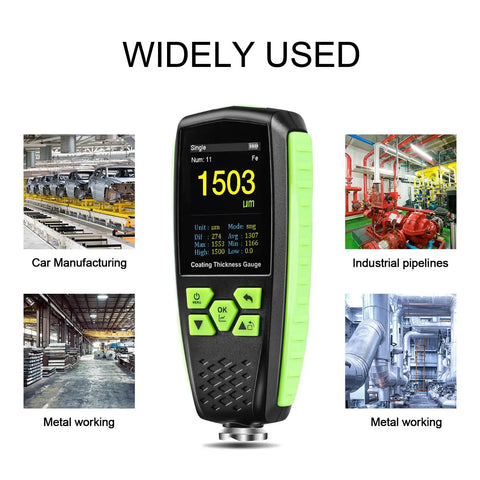 Digital Paint Thickness Gauge for Magnetic and Non Magnetic Substrates with Voice Readout and Color HD Display Pro Grade Car Coating Thickness Meter in black and green, used for car manufacturing and metalworking