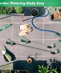 Extendable Watering Wand With 36 To 60 Inch Reach, 180 Degree Adjustable Ratcheting Head displayed with garden tools
