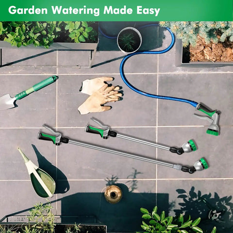 Extendable Watering Wand With 36 To 60 Inch Reach, 180 Degree Adjustable Ratcheting Head displayed with garden tools