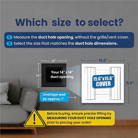 Illustration showing size selection for No Fuss Easy Fit 14x14 Aluminum 4 Way Vent Cover With Adjustable Curved Blade Dampers.
