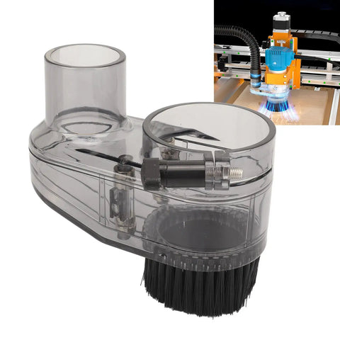 Pro Hustle 52mm Cnc Router Dust Shoe with Crystal Clear Shroud and Tough Nylon Bristles, ideal for mess-free woodworking cleanups.