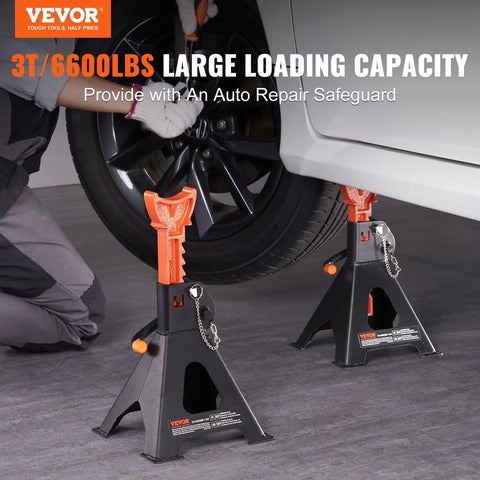 Beefy 3 Ton Car Jack Stands With Double Locking Adjustable Height From Ten Point Eight To Sixteen Point Three Inches in use lifting a vehicle