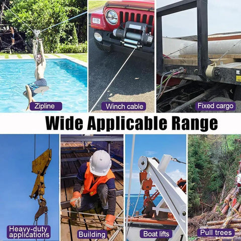 Various uses for 3/8 Inch Stainless Steel Cable 25 Ft Wire Rope 7x19 Zip Line Cable With Clamps And Thimble in different applications.