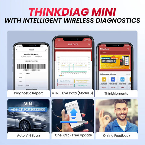 All In One OBD2 Bluetooth Diagnostic Tool For iOS And Android With Full System Car Scan And Check Engine Light Codes displayed on mobile screens