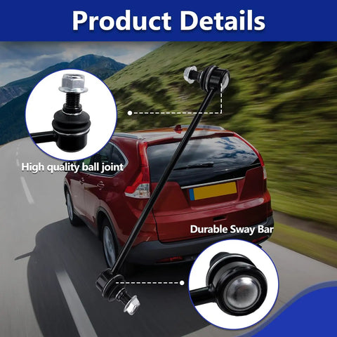 Front Sway Bar Links For 2007-2016 Honda CR-V And 2007-2012 Acura RDX, OE Replacement, K750297, 51320STKA01, 51320T0AA01, Durable Stabilizer Links, Bolt-On Upgrade To Tighten Handling, Improve Ride Comfort And Reduce Body Roll. Rear view of sway bar link with ball joint close-ups