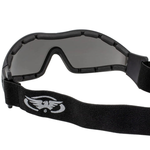 Back view of Anti-Fog Goggles With Smoke Lens For Bright Sun, Z87.1 Safety Rated Eye Protection, vented foam padding, elastic strap.