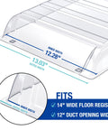 Under Furniture Air Vent Extender For Floor Registers Up To 14 Inches Wide, shows dimensions for duct opening, durable plastic