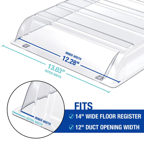 Under Furniture Air Vent Extender For Floor Registers Up To 14 Inches Wide, shows dimensions for duct opening, durable plastic