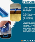 Blue Aluminum T Track 3 ft features diagram for workbenches, jigs, and machine tables with 5/16 and 1/4 inch T bolt compatibility.