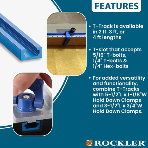 Blue Aluminum T Track 3 ft features diagram for workbenches, jigs, and machine tables with 5/16 and 1/4 inch T bolt compatibility.