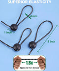 Adjustable Ball Bungee Cords Set Of 40, showing 1 to 9 inch tension with superior elasticity and UV resistance on blue background