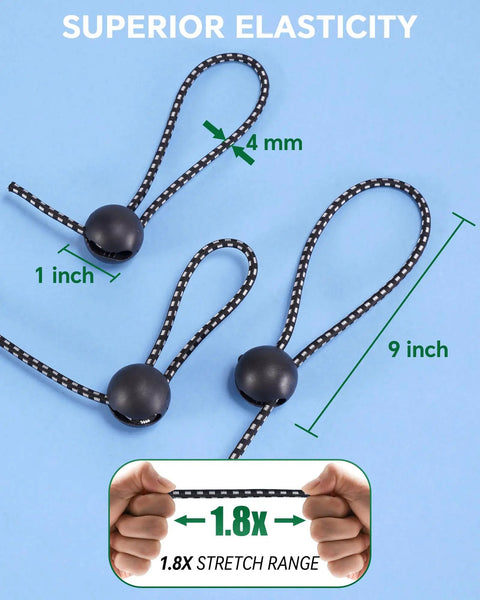 Adjustable Ball Bungee Cords Set Of 40, showing 1 to 9 inch tension with superior elasticity and UV resistance on blue background