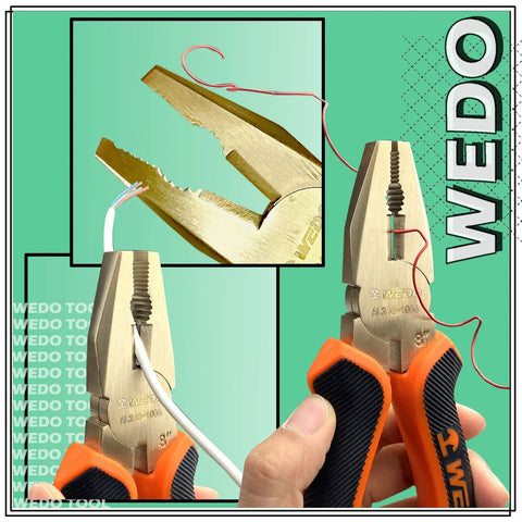 Close-up of beryllium copper pliers from Non-Sparking 17-Piece Tool Set For Pro Grade Electrician Work With Beryllium Copper Construction, Non-Magnetic, Corrosion-Resistant Pliers, Tweezers, Wrench, Screwdrivers, Scissors And Wire Strippers, DIN Standard BAM Certified holding wires.