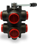 Front view of Beefed Up Heavy Duty Rotary Diverter Valve For Hydraulic Systems 6 Port 16 GPM Nominal Flow, cast iron, red accents.
