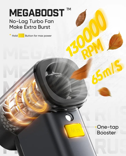 B10 Pro Max Cordless Electric Air Duster With 130000 RPM Brushless Motor, showing one-tap booster feature