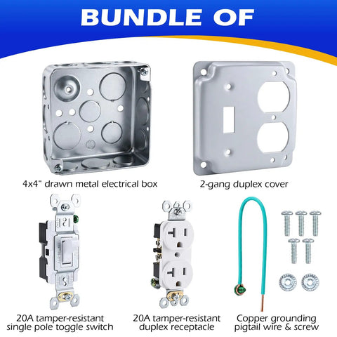 4x4 Inch 2 Gang Metal Electrical Box Switch And Outlet Combo Kit With 20 Amp Tamper Resistant Duplex Receptacle And 20 Amp Toggle Switch Combination Cover Grounding Wire And Pigtail Grounding components displayed