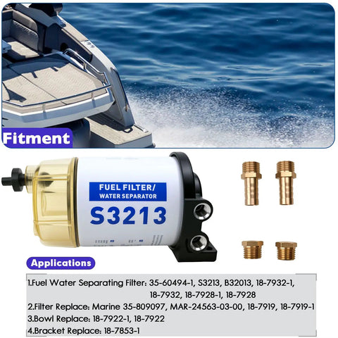 Marine Fuel Water Separator Kit For Outboard Motors Fits Yamaha And Mercury Marine With Brass Fittings Three Eighth Inch Barb To One Quarter Inch NPT Replaces B32013 35-60494-1 18-7932-1 18-17928 35-809097