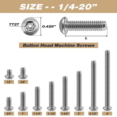 Built Like A Tank 304 Stainless Steel Torx Security Machine Screws 1/4-20 By 1 Inch Full Thread Button Heads with sizes