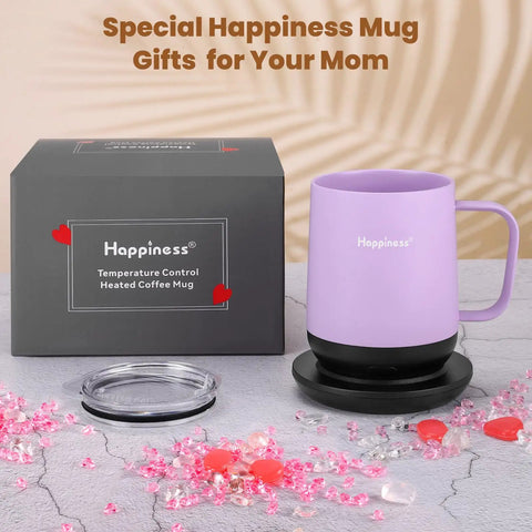 Total Game Changer For Your Morning Grind With This 12 Oz Self Heating Smart Mug and lid beside gift box on countertop.