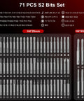 71 S2 bits for 75 In 1 Mini Electric Screwdriver Set with diverse tip styles for PC electronics and tech projects