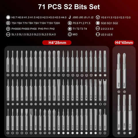 71 S2 bits for 75 In 1 Mini Electric Screwdriver Set with diverse tip styles for PC electronics and tech projects