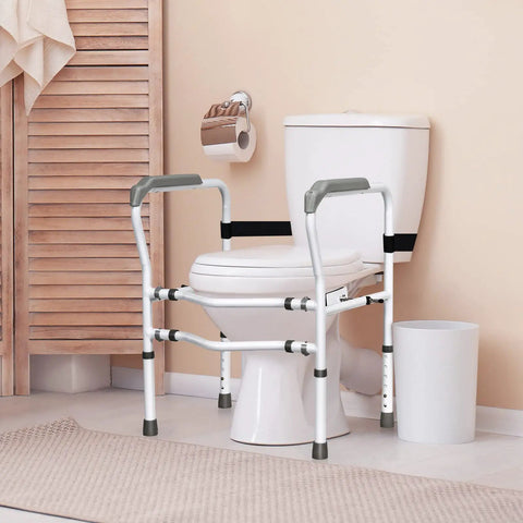 Rock Solid Free Standing Toilet Safety Rail With Quick Adjust Height And Width Settings secure bathroom handrail beside toilet.
